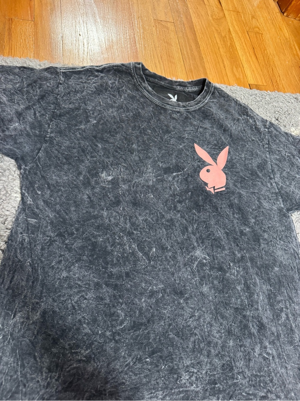 PLAYBOY Black Mineral Wash Tee with Pink Bunny Graphic